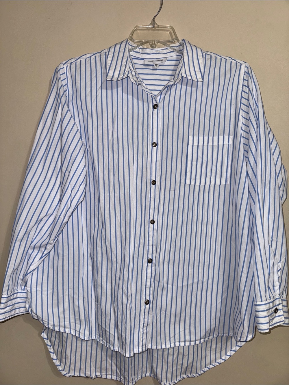 Motherhood White and Blue Vertical Stripe Button-Down Shirt